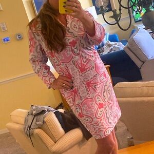 Pink and Gray 3/4 Sleeve Midi Dress with Collar